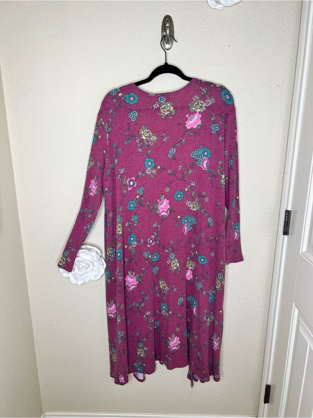NTM: LuLaRoe Sarah Floral Duster Cardigan Large Pink Ribbed Open Front Pocketed - Picture 9 of 13